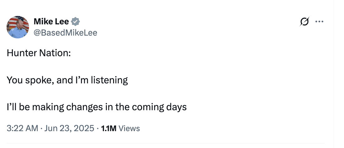 Screenshot: Senator Mike Lee’s June 23 X post responding to Hunter Nation.