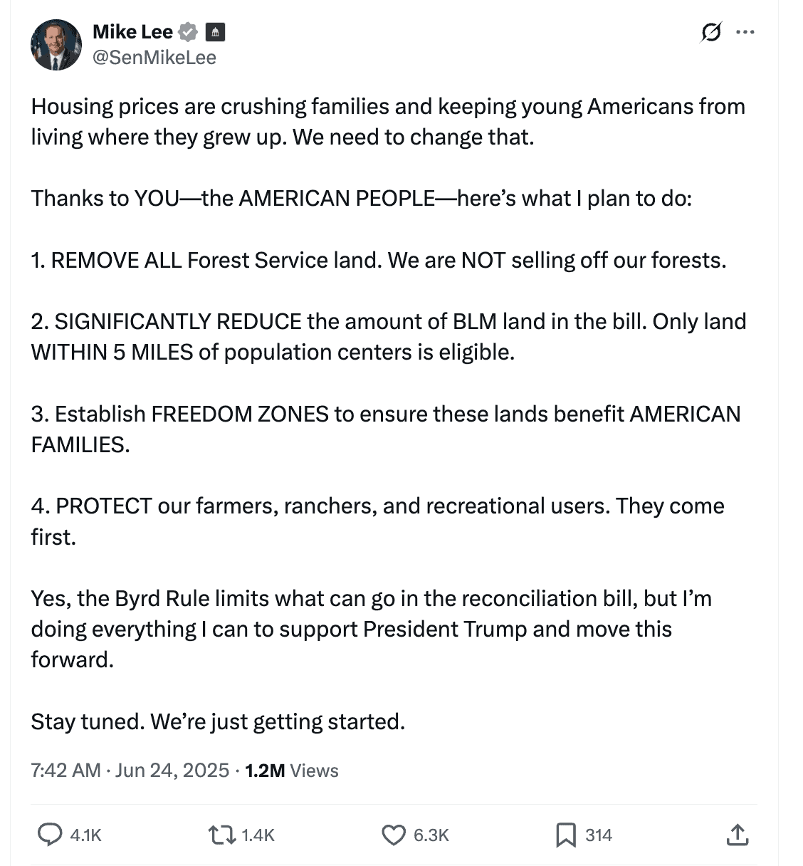 Screenshot: Senator Lee’s June 24 X post outlining four changes to his land-sale proposal.