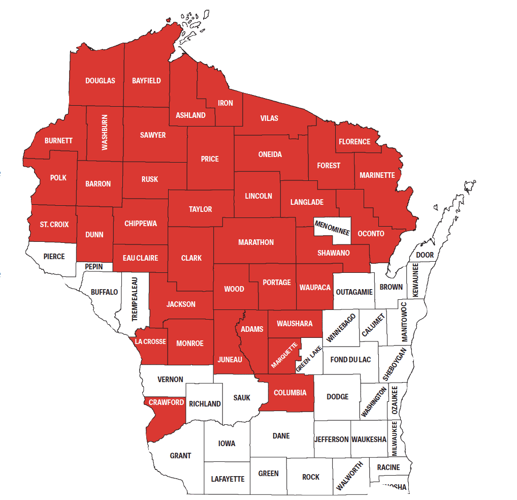 Screenshot from On Wisconsin Outdoors issue: Wisconsin counties highlighted in red as part of the publication’s wolf-coverage focus.